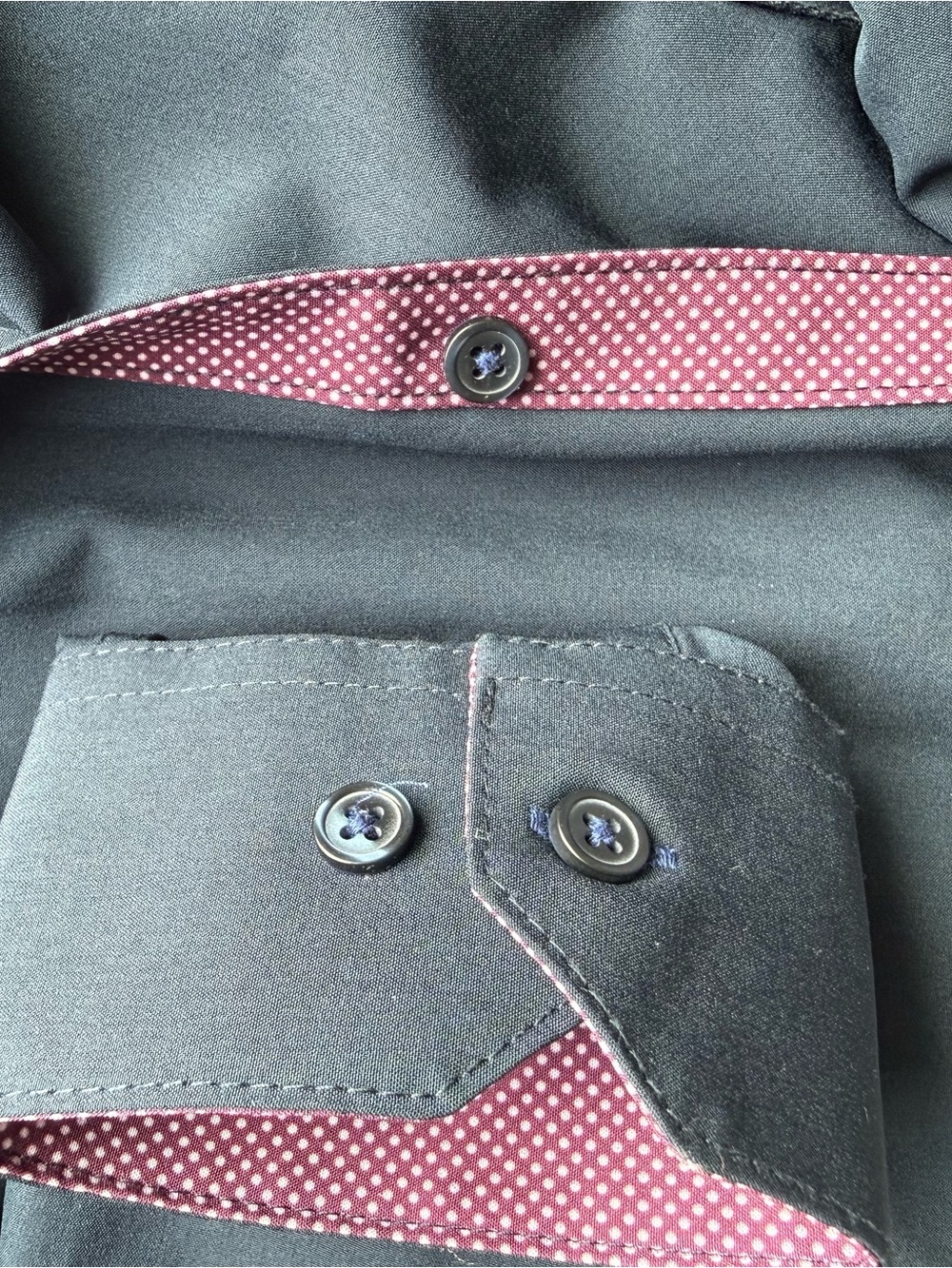 Society Of Threads Navy Shirt with Burgundy Dot Trim